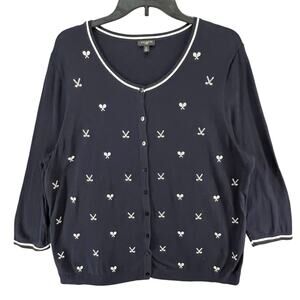 Talbots Cardigan Sweater 2XL Blue Embroidered‎ Tennis Preppy Resort Lightweight